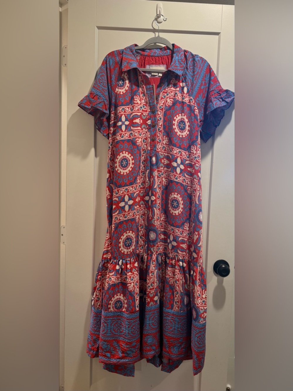 NWT Anthropologie Boho Red/ Blue Motif Midi Shirt Dress Size M - Picture 2 of 16